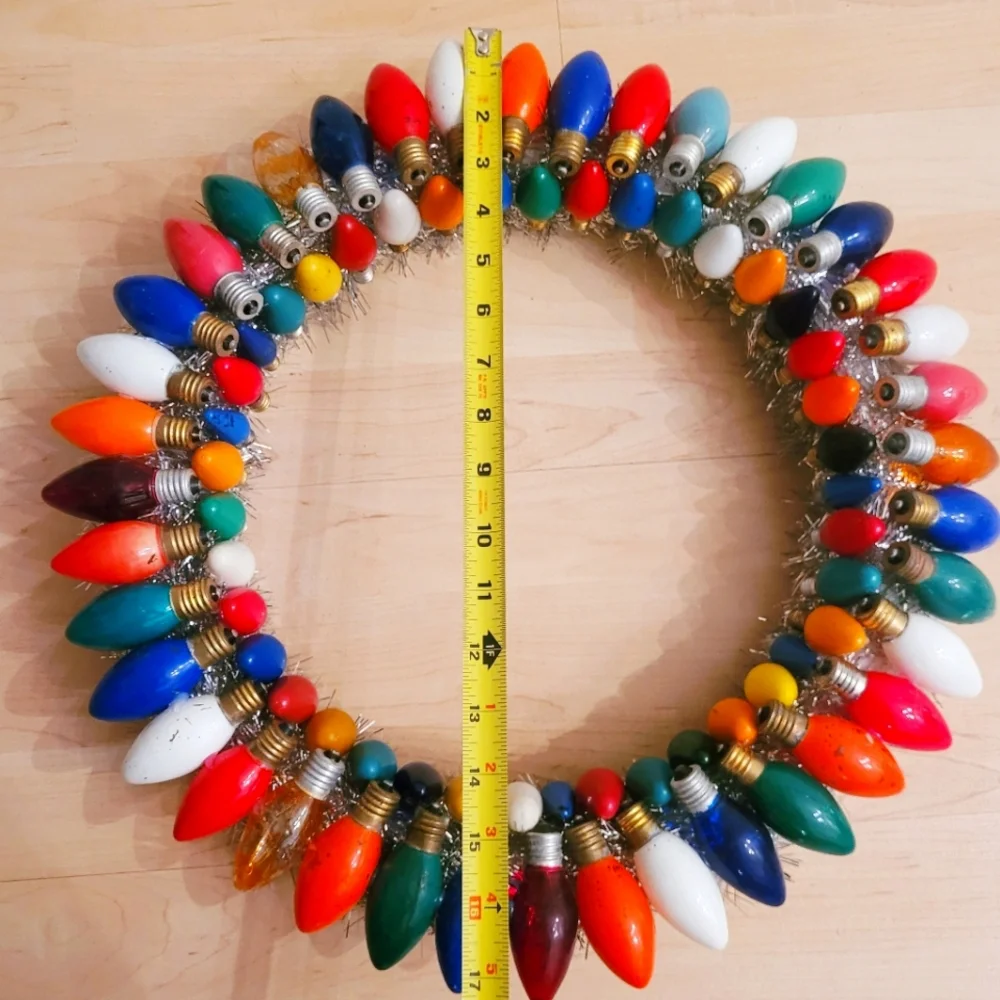 Handmade vintage tinsel and lightbulb Christmas wreath